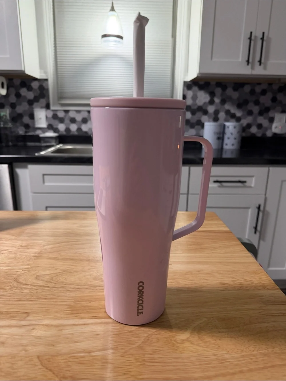 Corkcicle Blush Pink Tall Tumbler with Handle and Straw